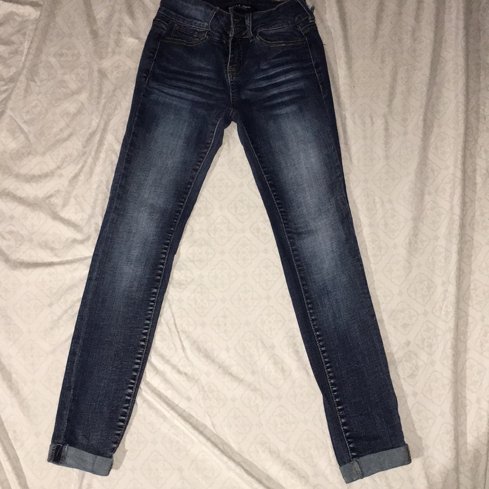 Cuffed Dark Wash Jeans with Light Patches